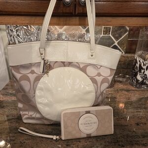 Coach Cream And Beige Bag And Wallet